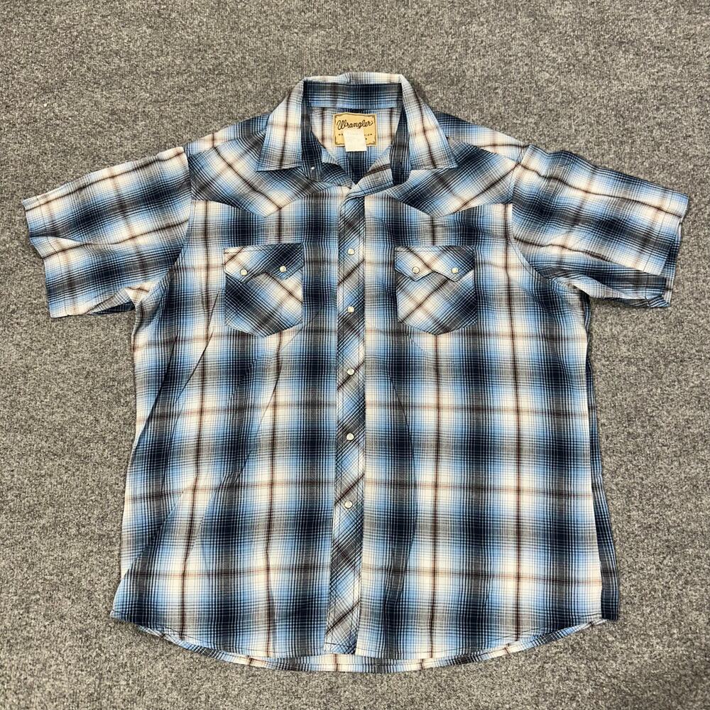 Wrangler Blue Plaid Western Fashion Snap Button Up Short Sleeve Shirt Size XL